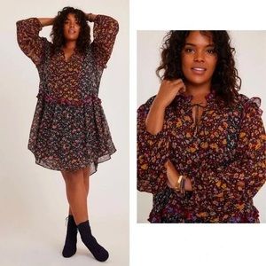 Anthropologie Plus Helene Floral boho chiffon ruffled tunic top dress 1X